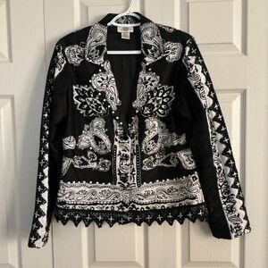 Sandy Starkman Women's 100% Silk W/Rayon Floral Embellish Lace Black White Med